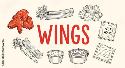 Chicken wings with dipping sauces.