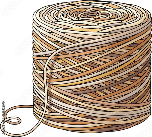 A spool of natural colored yarn unravels on a white background.