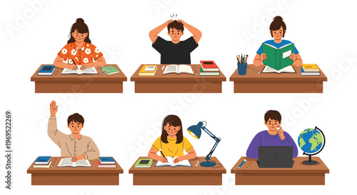 Group of Diverse Students Studying and Engaged in Learning Activities with Books, Desk, and Technology for Education Illustrations