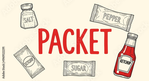 line art illustration of various Condiment packets and bottle illustration.