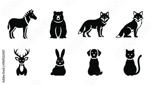 A collection of eight animal silhouettes including a horse bear wolf deer and domestic pets silhouette high quality professional detailed modern