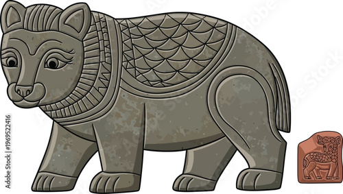 Ancient carved stone bear sculpture shows intricate details and cultural.