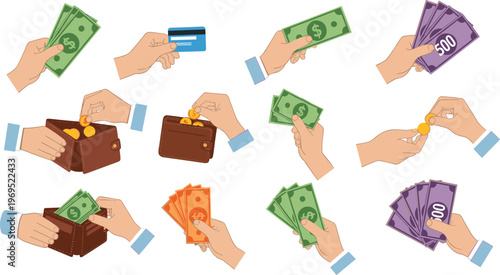Hand and Money Icon Set with Wallet, Cash, Credit Card, and Coin for Finance, Transaction, and Payment Illustrations