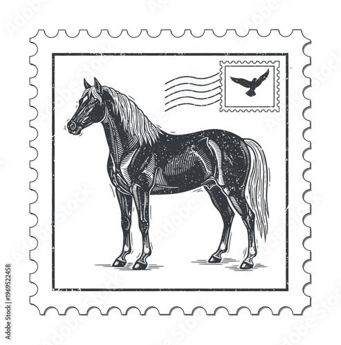 Vector stamp of a majestic horse with a bird emblem in the upper right corner