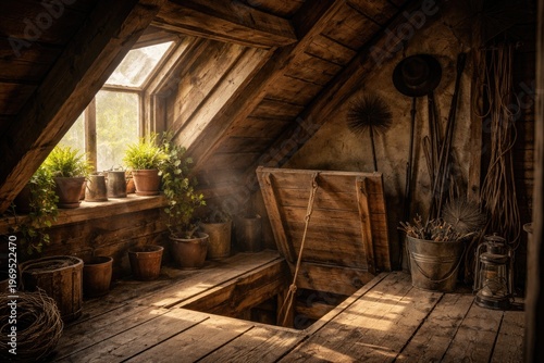 Rustic attic interior with ...