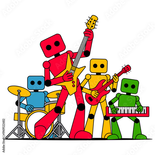 Colorful robot band performing music with guitar bass keyboard and drums on white background