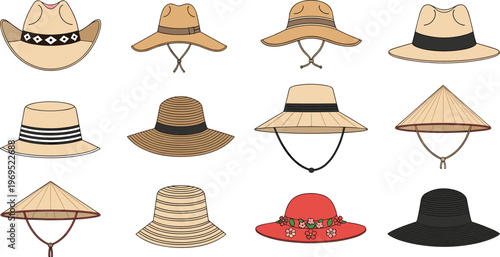 Hat Icon Set with Stylish Summer and Outdoor Designs for Fashion, Headwear, and Accessory Illustrations