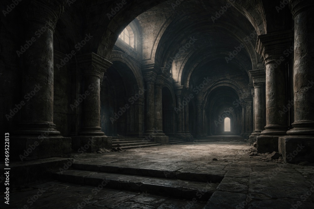 Fototapeta premium Ancient Concrete Interior with Arches and Dim Light