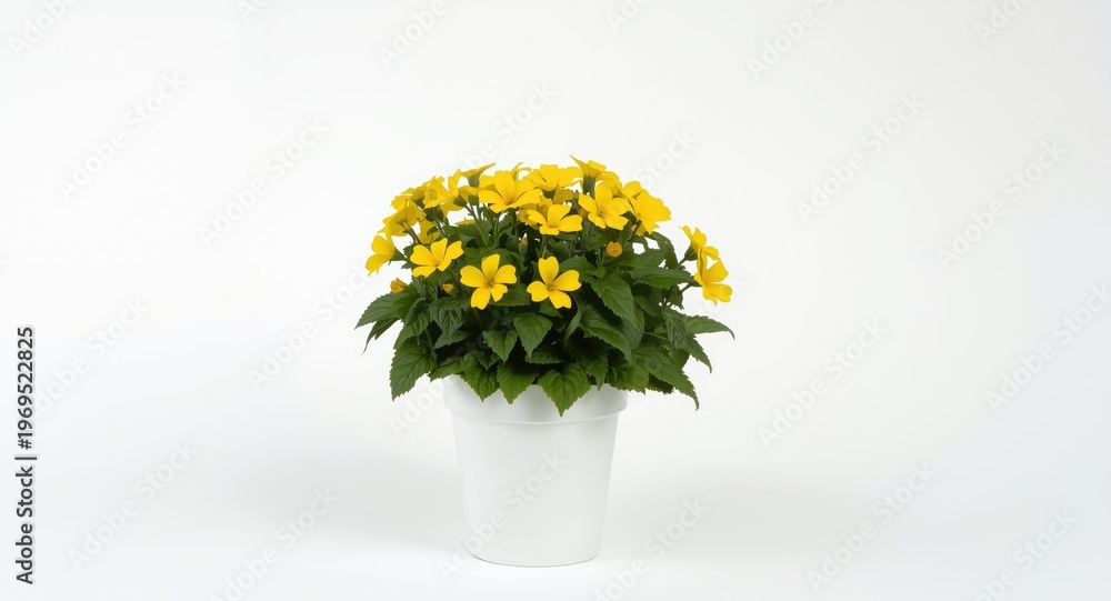 Naklejka premium Yellow flowering bidens plant set inside a white pot on a smooth white backdrop
