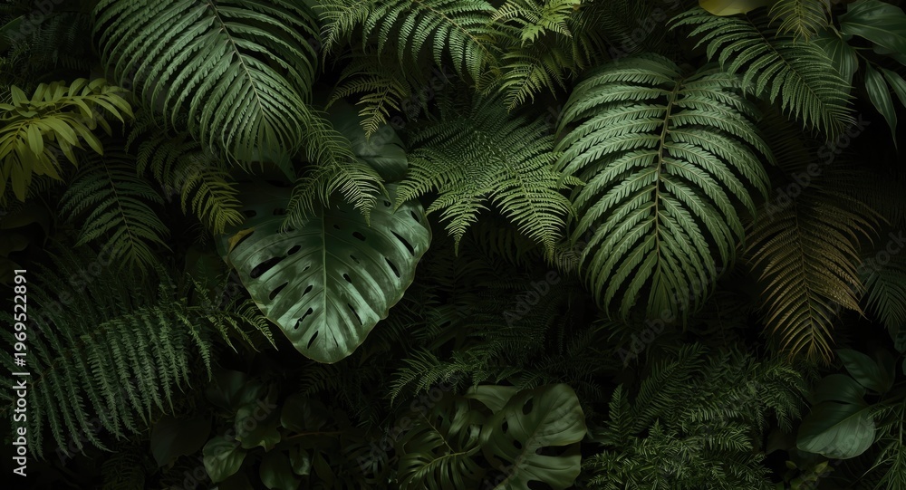 Fototapeta premium Vertical greenery featuring layered fern fronds and olive toned tropical leaves