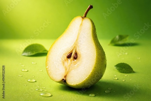 Freshly sliced pear piece placed on a vibrant green backdrop with a clean food style