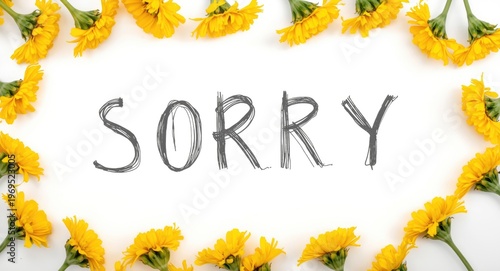 Handwritten message expressing sorry with yellow flowers on a white background