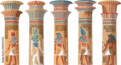 Ancient Egyptian Column Icon Set with Hieroglyphs and Gods for Architecture, History, and Culture Illustrations