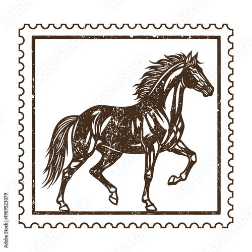 Vector of a galloping horse inside a postage stamp frame