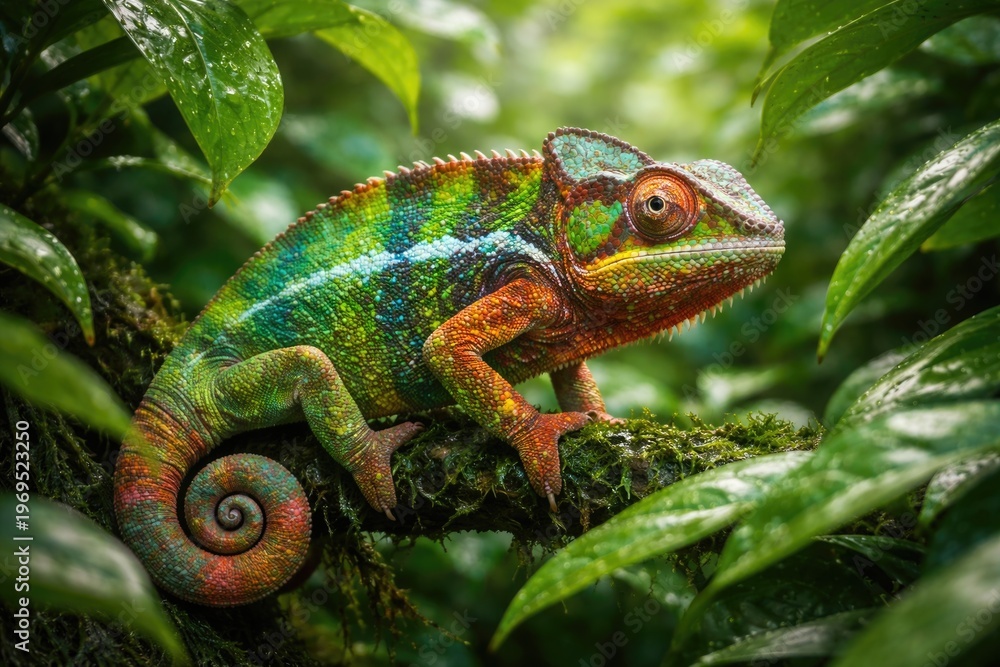 Fototapeta premium A vibrant chameleon blending into thick green foliage
