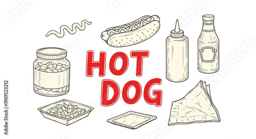 Hot dog food illustration with condiments.