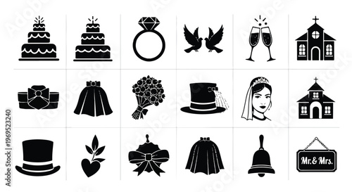 Wedding and marriage celebration black glyph icons set.