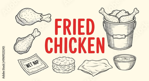 Vintagestyle illustration Fried Chicken Food Illustration with Bucket.