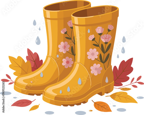 Yellow rubber boots with floral pattern autumn leaves and raindrops cute seasonal symbolizing rainy weather and fall vibes vector on white background.