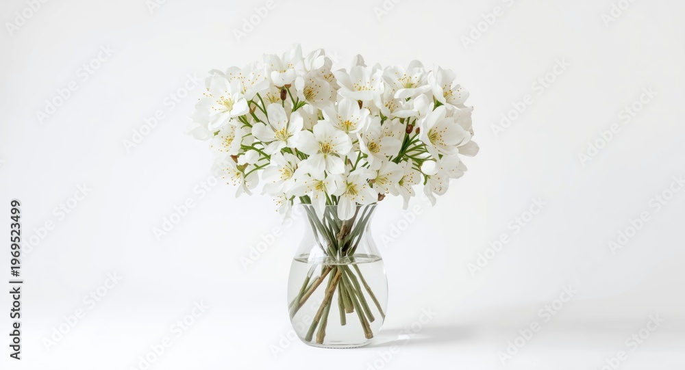 Obraz premium White blossoms arranged in a clear glass vase on a bright white background with copy space