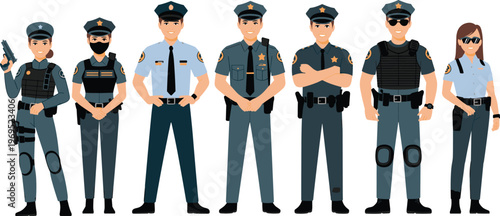Professional police officer character set featuring male and female officers in tactical gear and standard duty uniforms vector.