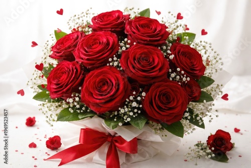 Bouquet of crimson roses expressing romance on a white backdrop for Valentine celebration