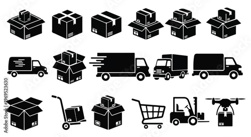 Collection of delivery and logistics icons, including various boxes, trucks, and equipment.