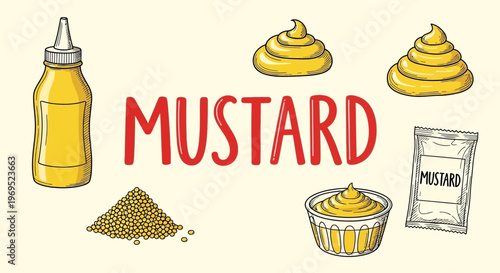 Mustard condiment and spice ingredients illustration.