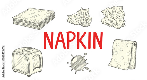 line art illustration of various Napkin and kitchen paper products.