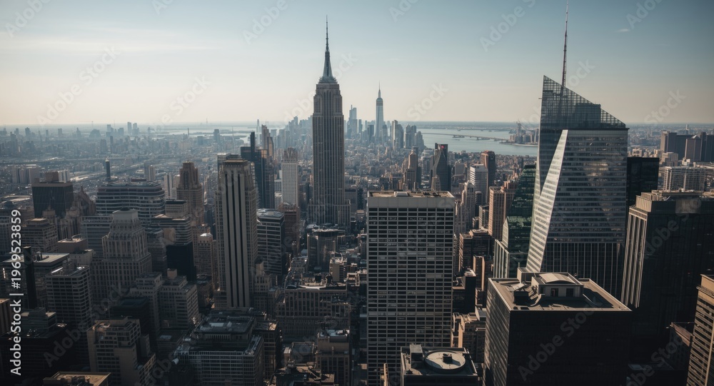 Obraz premium Wide shot aerial cityscape featuring multiple skyscrapers in daylight