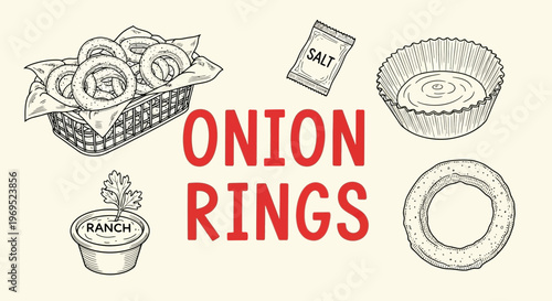 Vintagestyle illustration Onion rings food illustration with ingredients.