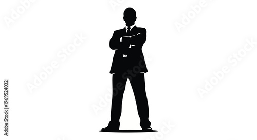 Confident businessman stands with arms crossed against a stark white background