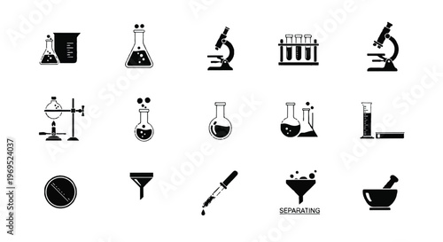 Collection of various laboratory equipment and science experiment tools.