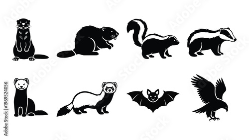 A collection of various north american mammals and a bird of prey depicted in stark black silhouettes high quality professional detailed