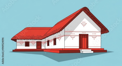 A white house with a red roof and a green lawn