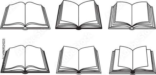 A collection of open books with blank pages on a white background