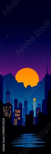 Stylized cityscape silhouette in vector art, urban landscape, night scene,  vector,  modern