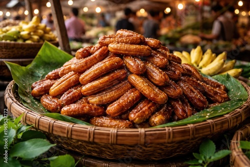 Sweet flavored dried banana snacks artistically arranged on a woven tray in a bustling market