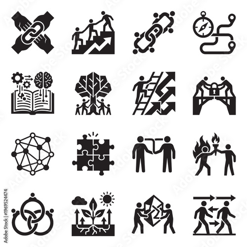 Sixteen mentoring silhouette icons set in grid