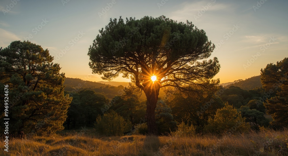 Fototapeta premium Tall tree illuminated by golden sunset in scenic Mediterranean forest