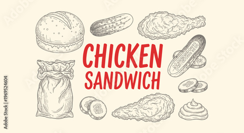 Tasty chicken sandwich food illustration.