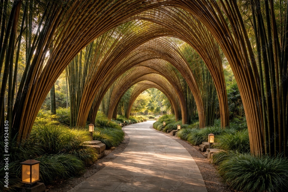 Fototapeta premium Elegant curved bamboo archways creating serene natural pathways