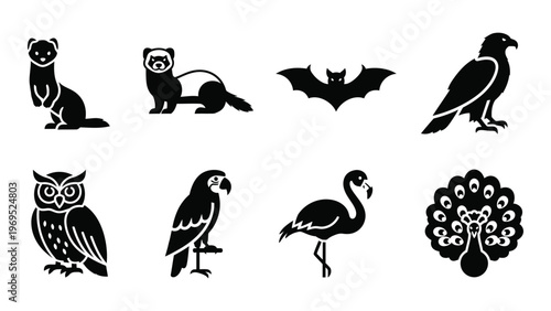 A collection of black animal silhouettes including a ferret bat owl flamingo and peacock silhouette high quality professional detailed modern elegant