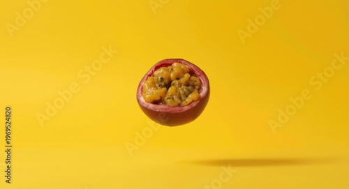 Ripe passion fruit levitating over bright yellow backdrop showcasing zero gravity food concept