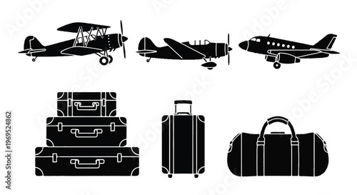 Set of vintage and modern airplanes with various types of luggage for travel.
