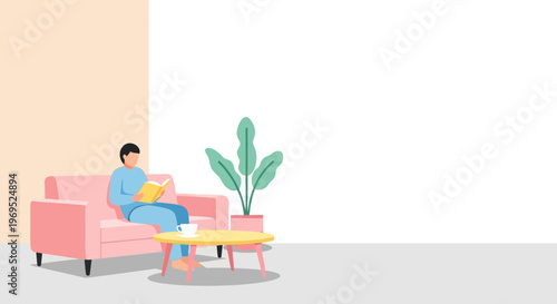 A person relaxes and enjoys a quiet afternoon, comfortably reading a book on a stylish sofa in a modern home setting, depicting a peaceful and personal lifestyle