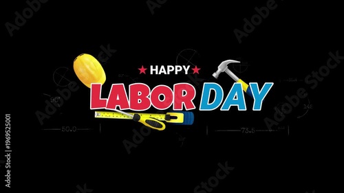 Colorful labor day text with construction tools and hard hat