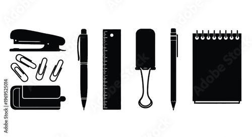 Essential office supplies collection black silhouette icons.