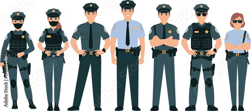 Professional police officer character set featuring male and female officers in tactical gear and standard duty uniforms vector.