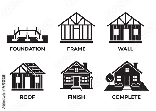 House construction vector illustration set with foundation frame wall roof finish and complete phases